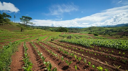 Obraz premium Serene Hillside Farmland Under a Sunny Sky