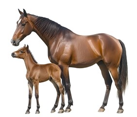 Obraz premium Mare with foal on white background, ideal for equestrian content, animal-related marketing, educational materials, or farm-themed designs