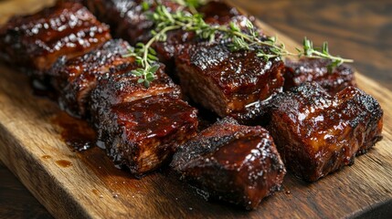 Succulent pieces of glazed meat garnished with herbs on a wooden board.