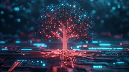 A digital tree with intricate branches made of glowing circuit patterns, standing tall on a cybernetic ground, the backdrop illuminated by neon lights.