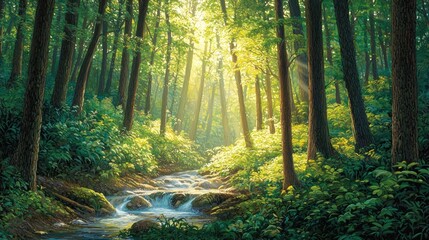Obraz premium Sunlit Forest Stream: A Serene Escape into Nature's Embrace