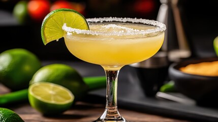 Refreshing Upscale Yellow Margarita with Lime Garnish and Salt Rim on Wooden Table Surrounded by Fresh Limes Perfect for Luxurious Cocktails