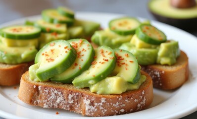 Delicious avocado toast with cucumber slices