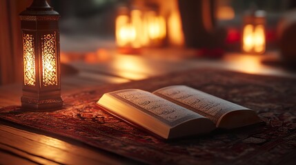 Open Quran on prayer mat, candlelight, evening.  Spiritual reading, Ramadan, peace