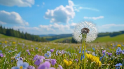 Obraz premium Dandelion seed head in sunny meadow, hills background, spring nature