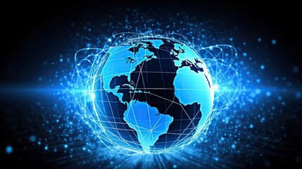 Fototapeta premium Blue Earth Globe Connected by Digital Lines and Bright Lights