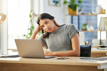Headache, business and woman with laptop, tired and overworked with fatigue, email and bankruptcy....