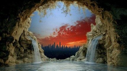 Oasis Serenity  Cave  Waterfall  Cityscape Sunset