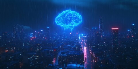Obraz premium Illuminated AGI Concept in Neon Blue Over a Rain-Soaked Cityscape, Depicting Advanced Artificial General Intelligence Dominating the Urban Night, Generative AI