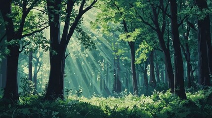 Obraz premium Sunbeams Dancing Through a Lush Green Forest