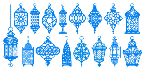 Set of arabian lanterns, arabic lamps with patterns. Fanous, Ramadan lantern, flat, silhouette vintage design. Eastern, turkish, moroccan traditional lamp, from metal and glass. Vector illustration © Pagina