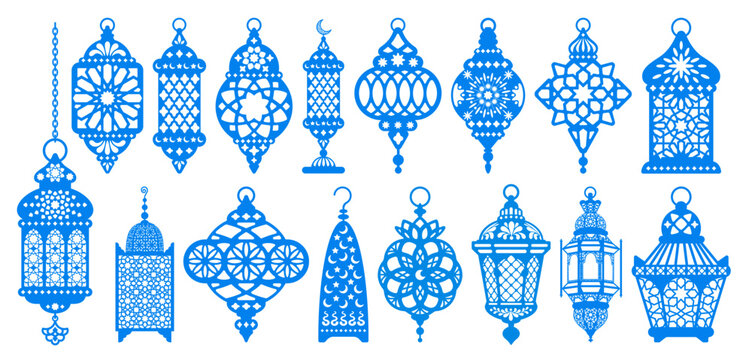 Set of arabian lanterns, arabic lamps with patterns. Fanous, Ramadan lantern, flat, silhouette vintage design. Eastern, turkish, moroccan traditional lamp, from metal and glass. Vector illustration
