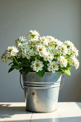 Fototapeta premium A delicate bouquet of creamy white flowers arranged in a rustic galvanized metal bucket, bathed in soft sunlight on a painted wood surface