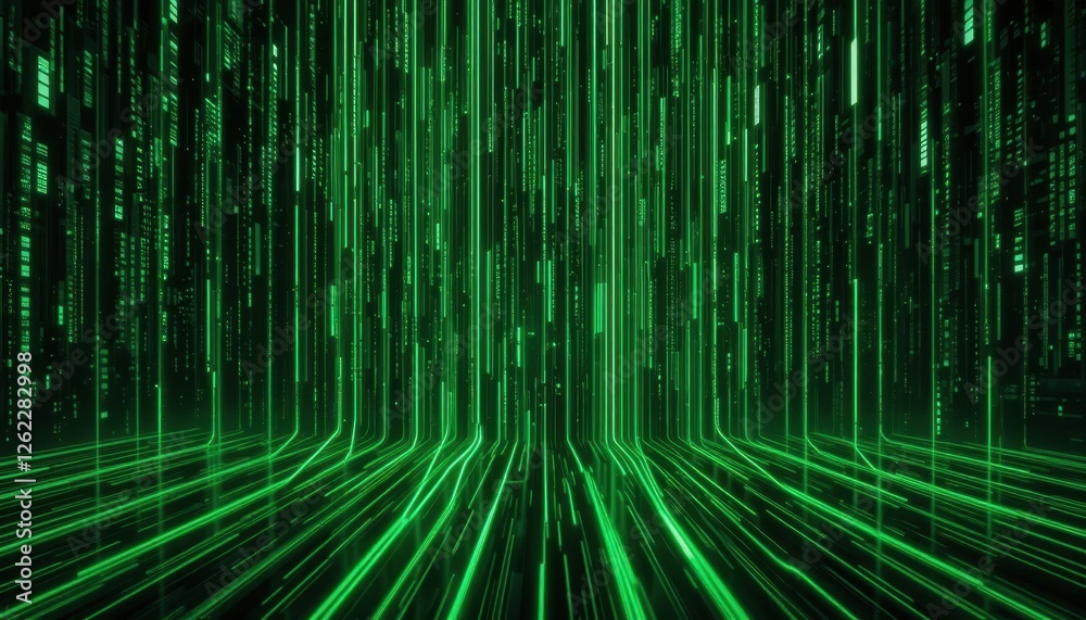Fototapete Futuristic green digital matrix with vertical lines and binary code