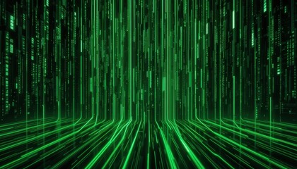 Futuristic green digital matrix with vertical lines and binary code
