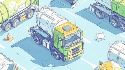Green line Fuel tanker truck icon isolated seamless pattern on blue background. Gasoline tanker.  Vector