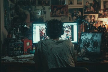 Obraz premium An Asian creator at home is producing a film montage by editing movie footage with media software, creating video content that features color grading and visual effects through a computer interface