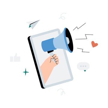 Hand Holding Megaphone From Smartphone Screen, Flat Vector Illustration Symbolizing Digital Marketing, Online Advertising, And Social Media Promotion, Isolated On White Background