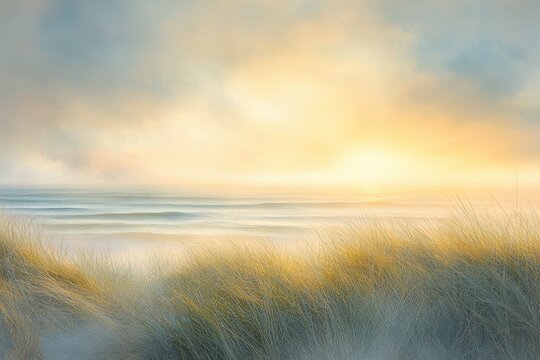 Golden Sunrise over Misty Beach Dunes