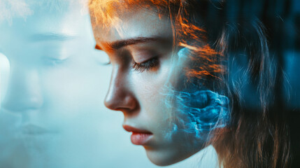 Fototapeta premium Woman Experiencing Intense Head Pain with Fiery Aura