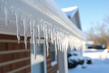 Icicles begin to melt and drip from the roof under the warmth of the spring sun. The arrival of spring. Generated by artificial intelligence