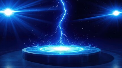 Lightning Strikes Platform with Blue Light and Sparks in Dark Space