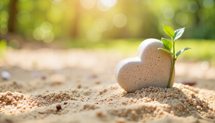 Heart-shaped stone with a small plant growing in sandy soil, symbolizing gratitude