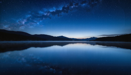 Fototapeta premium Stunning night landscape with shimmering stars and Milky Way reflected on calm water