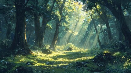 Sunlit Forest Path: A Digital Painting of Tranquil Nature