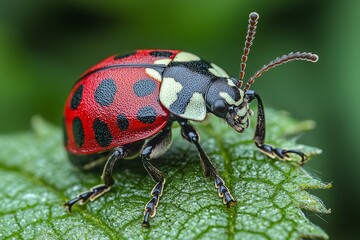 Fototapeta premium Zoomed-in picture of a ladybug sitting on green grass. Unlock the secrets of the macro bugs and insects universe. Revel in the charm of spring’s natural beauty