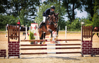 Jumping horse with rider during a tournament, impressions.