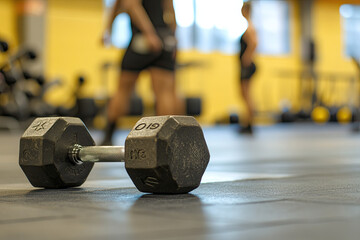Gym dumbbell on floor with blurred people exercising