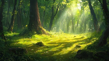 Fototapeta premium Sunlit Forest Path: A Digital Painting of Serene Woodland