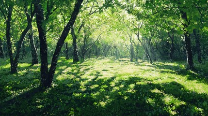 Fototapeta premium Sunlit Forest Path: A Serene Digital Painting