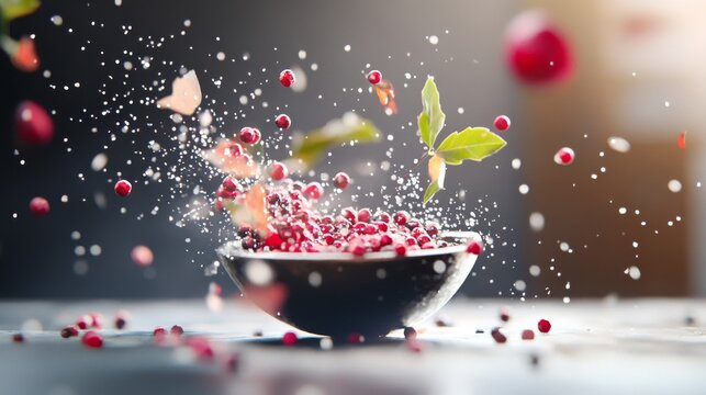 black pepper seeds spilled from a teaspoon on a black stone table, selective focus.