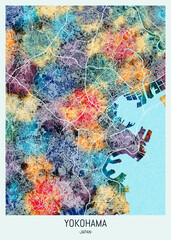 Yokohama Japan Map. downtown printable Landmarks, print city painting, travel art, city banner, modern city, urban city art, background abstract city Map