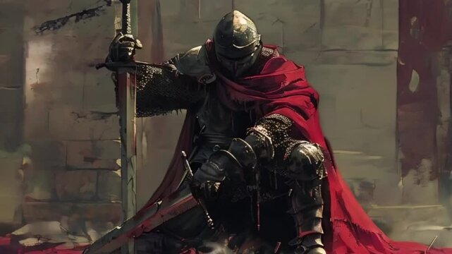 Fantastic beautiful royal knight in iron armor guards castle chambers, abstract vivid composition consists of fictional unreal fantastic vision on background