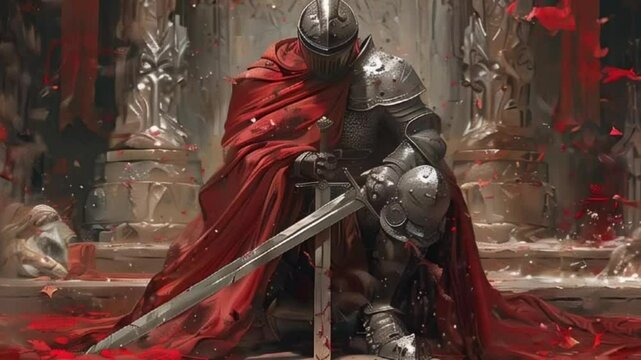 Fantastic beautiful royal knight in iron armor guards castle chambers, abstract vivid composition consists of fictional unreal fantastic vision on background
