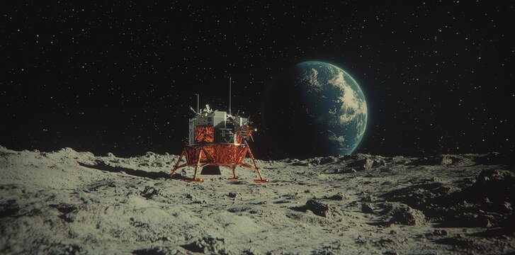 The Indian Chandrayaan 3 lunar mission is depicted in an artistic representation, which includes the Pragyan lunar rover and Vikram lander