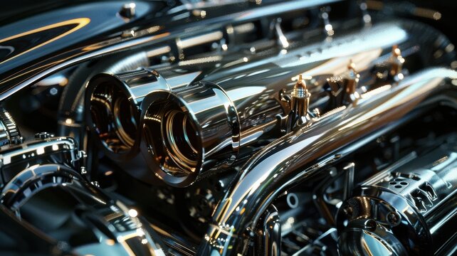 This close-up image showcases intricate details of a car engine's exhaust system, highlighting the chrome elements and precision engineering typical in high-performance vehicles.