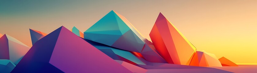 Fototapeta premium A vibrant landscape of geometric shapes and colorful peaks under a stunning gradient sky, creating a surreal and captivating visual. Perfect for creative projects and digital art.