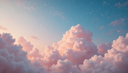 Dreamy Sky with Fluffy Pink and White Clouds at Sunset, Blending into a Starry Night Horizon in a Fantasy Atmosphere.