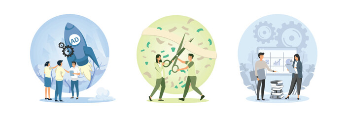 Launch Advertising concept. Grand opening card with ribbon. Marketing Team Launches.