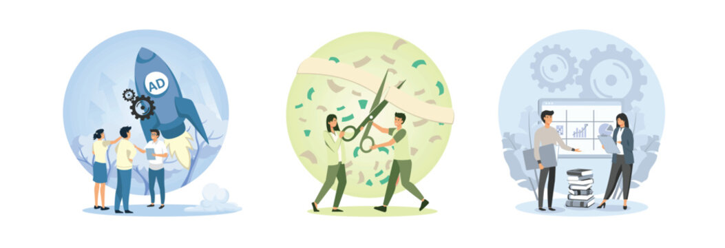 Launch Advertising concept. Grand opening card with ribbon. Marketing Team Launches.