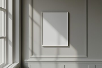 blank mockup of poster in thin white frame hanging on light gray wall