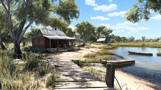 Rustic outback village by a river
