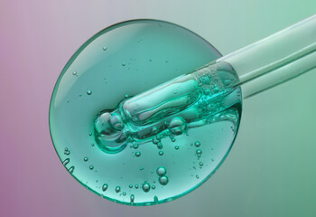 Liquid pipette oil or serum elixir ampoule cool emerald green on light green-purple gradient...