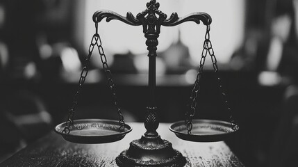 A wooden surface supports a black and white scale, serving as a symbolic representation of justice that promotes balance and legal guidance