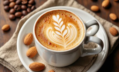Artistic latte with almonds and coffee beans