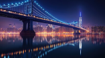 Fototapeta premium Elegant city bridge lit up at night, reflecting in the water below